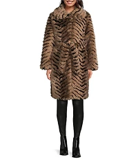 Azalea Wang Mirella Tan Chevron Multi Faux Fur Shawl Collared Belted Oversized Trench Coat