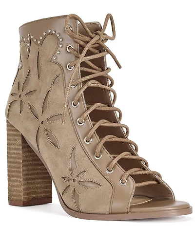 Azalea Wang Mirona Studded Open Toe Lace Up Booties