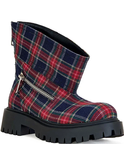 Azalea Wang Mohsen Plaid Dipped Shaft Zipper Moto Booties