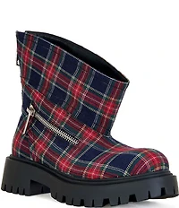 Azalea Wang Mohsen Plaid Dipped Shaft Zipper Moto Booties