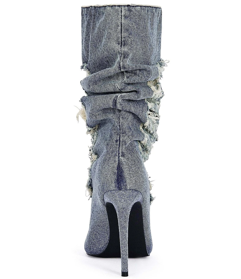 Azalea Wang Naelia Denim Shredded Slouch Shaft Pointed Toe Mid Boots