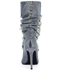 Azalea Wang Naelia Denim Shredded Slouch Shaft Pointed Toe Mid Boots