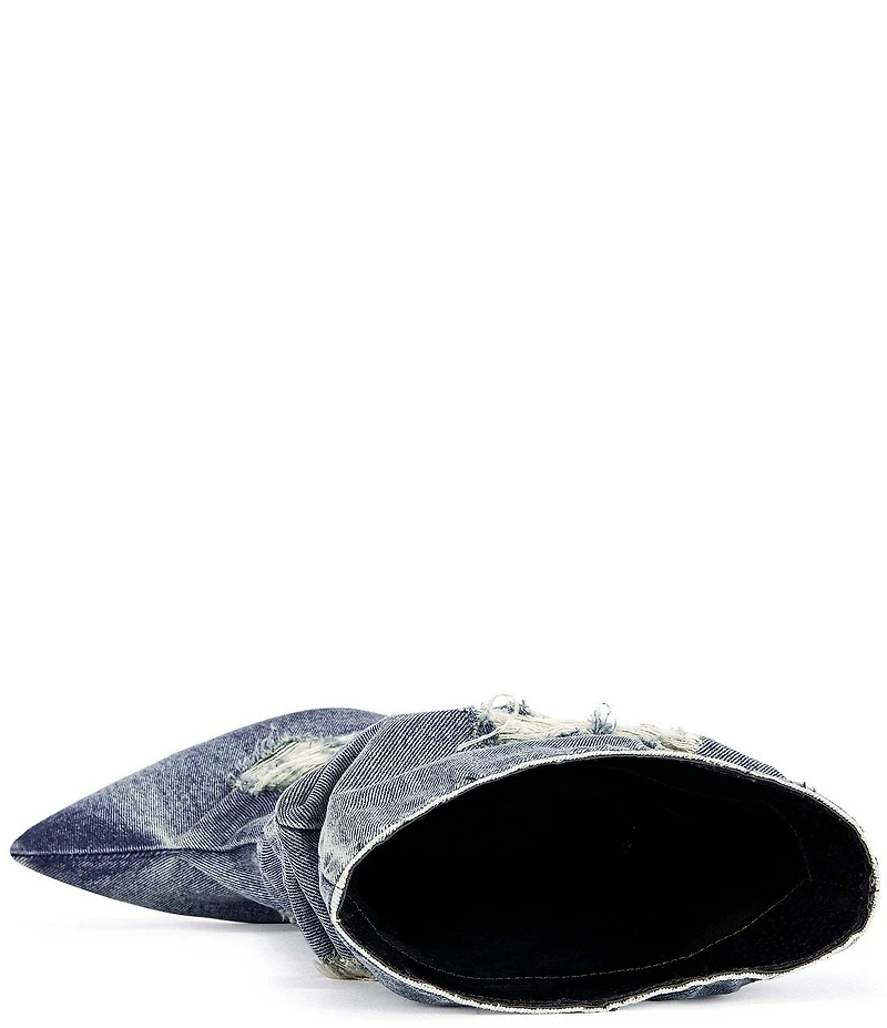 Azalea Wang Naelia Denim Shredded Slouch Shaft Pointed Toe Mid Boots