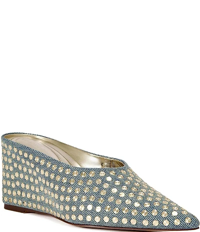 Azalea Wang Neiza Denim Studded Pointed Toe Wedge Mules