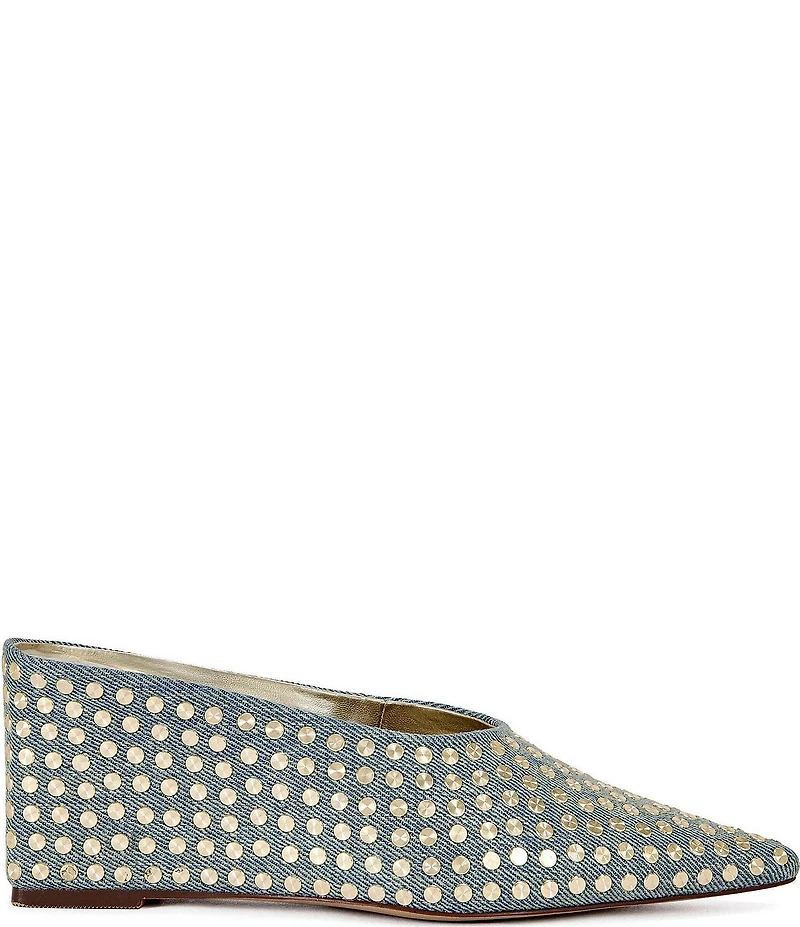 Azalea Wang Neiza Denim Studded Pointed Toe Wedge Mules