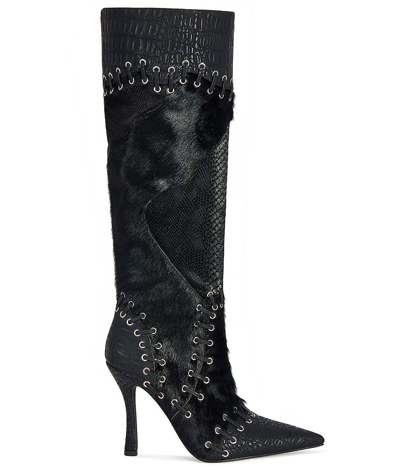 Azalea Wang Novak Suede Laced Pointed Toe Tall Boots