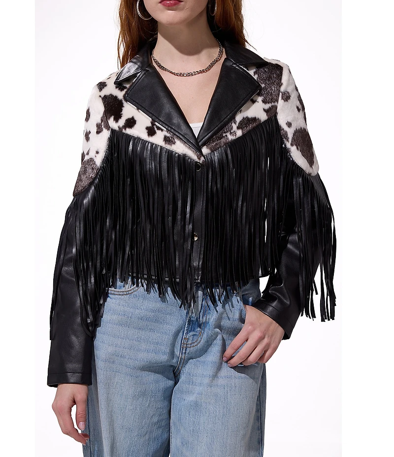 Azalea Wang Olandria Cow Print Western Fringe Trim Faux Leather Jacket