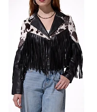 Azalea Wang Olandria Cow Print Western Fringe Trim Faux Leather Jacket