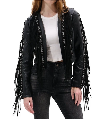 Azalea Wang Olivier Eyelet Fringe Open Front Cropped Moto Jacket