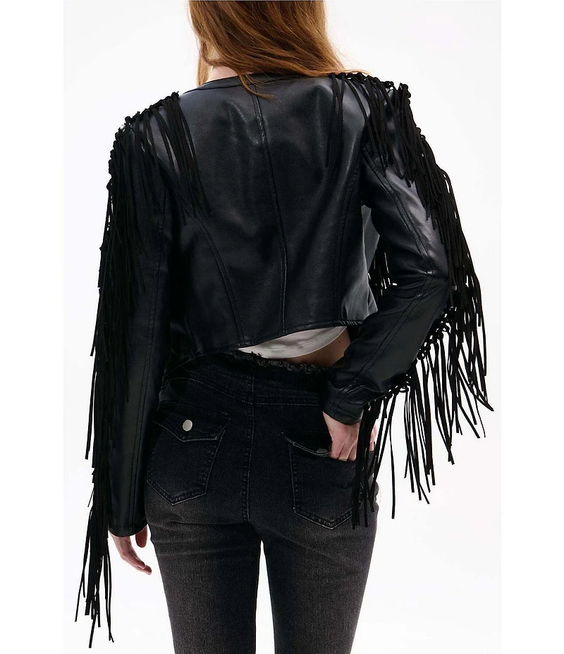 Azalea Wang Olivier Eyelet Fringe Open Front Cropped Moto Jacket
