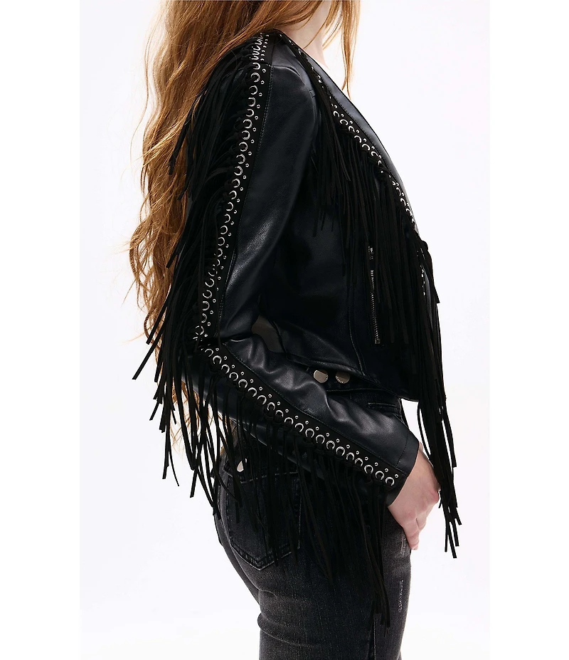 Azalea Wang Olivier Eyelet Fringe Open Front Cropped Moto Jacket
