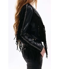 Azalea Wang Olivier Eyelet Fringe Open Front Cropped Moto Jacket