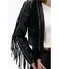 Azalea Wang Olivier Eyelet Fringe Open Front Cropped Moto Jacket