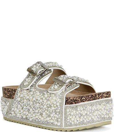 Azalea Wang Opaline Pearl and Rhinestone Platform Slide Sandals