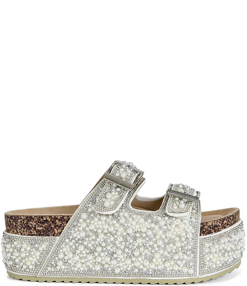 Azalea Wang Opaline Pearl and Rhinestone Platform Slide Sandals