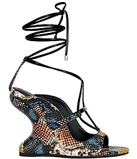 Azalea Wang Orena Snake Print Wraparound Ankle Tie Sculpted Wedge Sandals