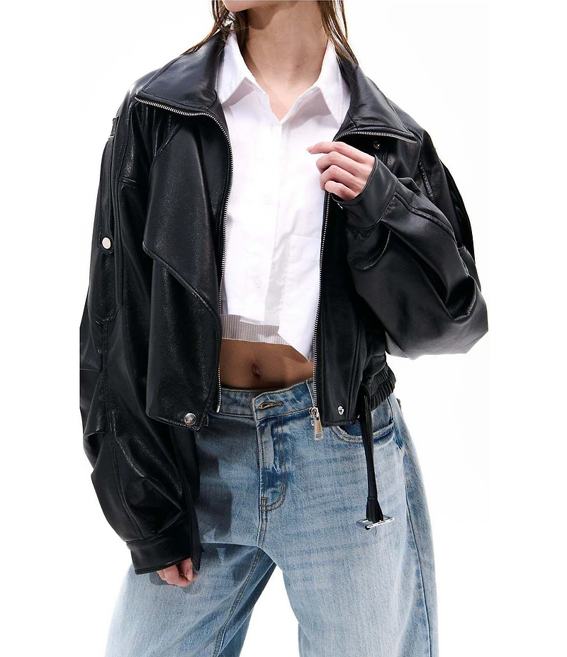 Azalea Wang Papoose-Black Soft Faux Leather Envelope Collar Belted Oversize Fit Moto Jacket