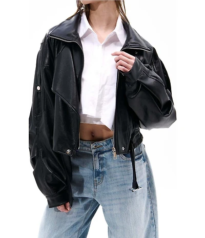 Azalea Wang Papoose-Black Soft Faux Leather Envelope Collar Belted Oversize Fit Moto Jacket