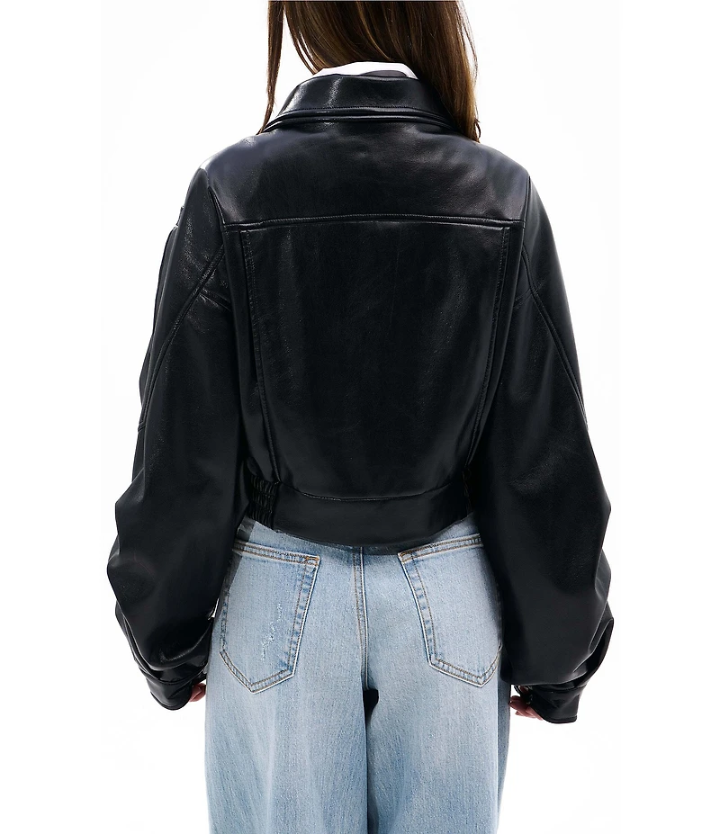 Azalea Wang Papoose-Black Soft Faux Leather Envelope Collar Belted Oversize Fit Moto Jacket