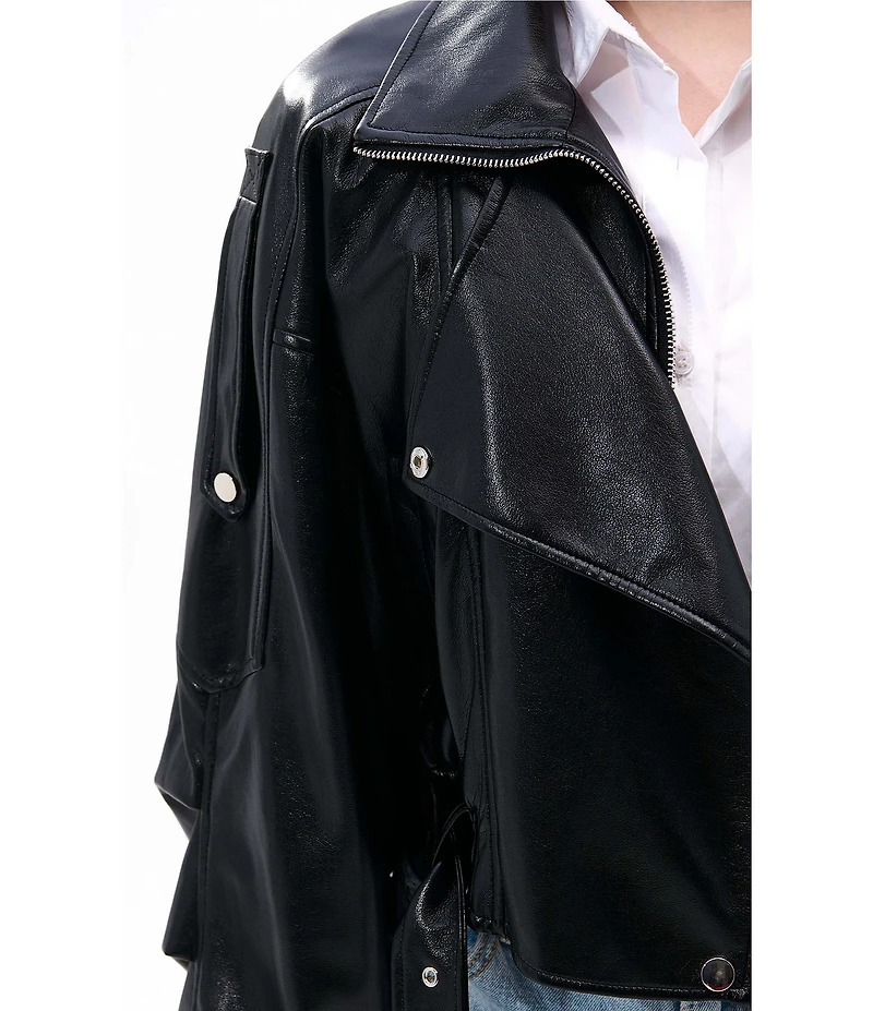 Azalea Wang Papoose-Black Soft Faux Leather Envelope Collar Belted Oversize Fit Moto Jacket