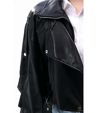 Azalea Wang Papoose-Black Soft Faux Leather Envelope Collar Belted Oversize Fit Moto Jacket