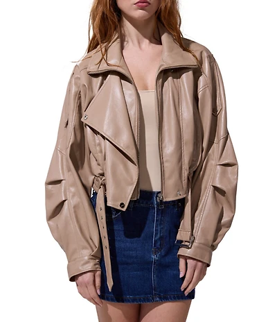 Azalea Wang Papoose-Black Soft Faux Leather Envelope Collar Belted Oversize Fit Moto Jacket