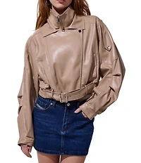 Azalea Wang Papoose Soft Faux Leather Envelope Collar Belted Oversize Fit Moto Jacket