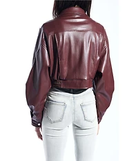 Azalea Wang Papoose-Burgundy Soft Faux Leather Envelope Collar Belted Oversize Fit Motor Jacket