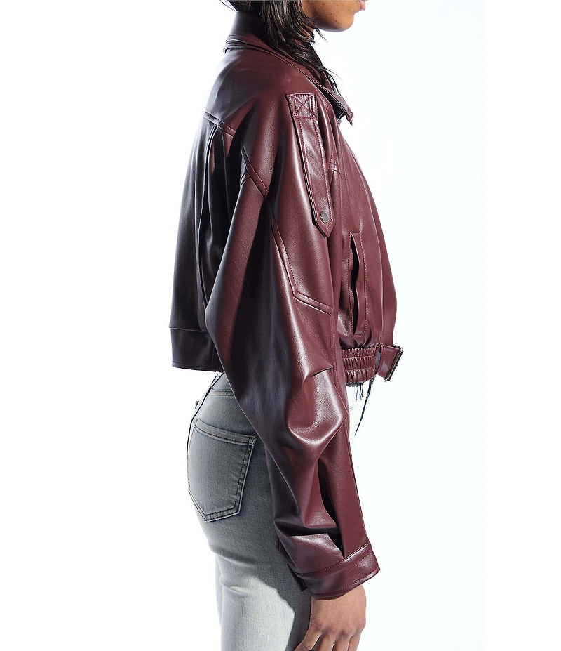 Azalea Wang Papoose-Burgundy Soft Faux Leather Envelope Collar Belted Oversize Fit Motor Jacket