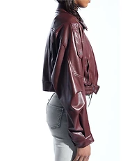 Azalea Wang Papoose-Burgundy Soft Faux Leather Envelope Collar Belted Oversize Fit Motor Jacket