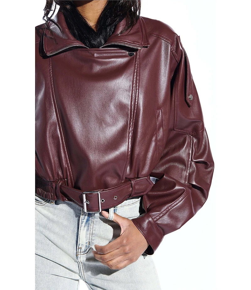 Azalea Wang Papoose-Burgundy Soft Faux Leather Envelope Collar Belted Oversize Fit Motor Jacket