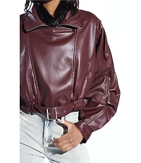 Azalea Wang Papoose-Burgundy Soft Faux Leather Envelope Collar Belted Oversize Fit Motor Jacket