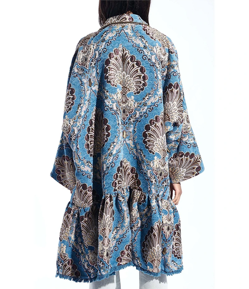 Azalea Wang Pavlova Paisley Pattern Notch Collar Oversize Fringe Trim Button Front Trench Jacket