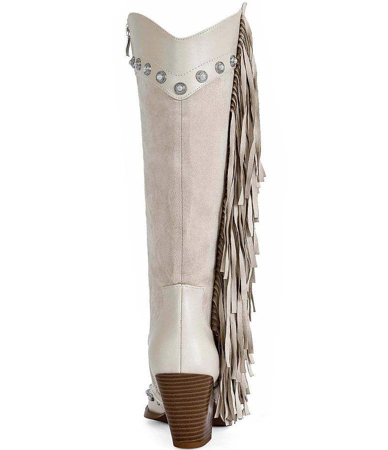 Azalea Wang Pelagius Studded Pearl Embellished Fringe Western Boots