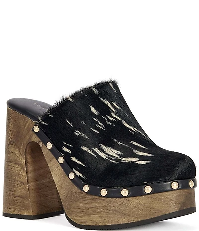 Azalea Wang Picard Deer Print Calf Hair Platform Block Heel Mules