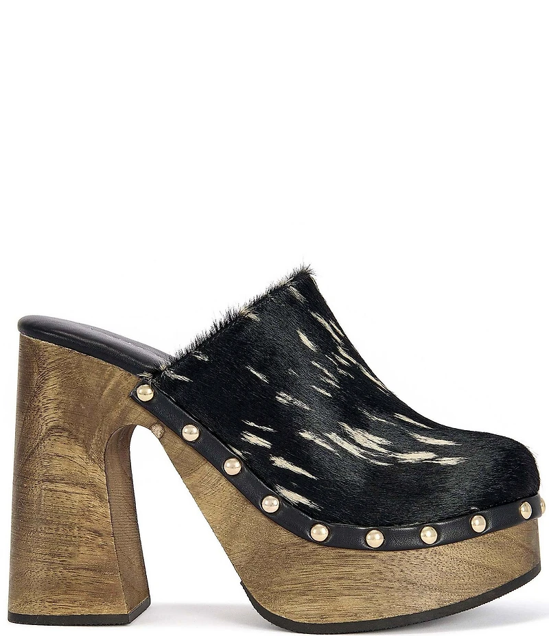 Azalea Wang Picard Deer Print Calf Hair Platform Block Heel Mules