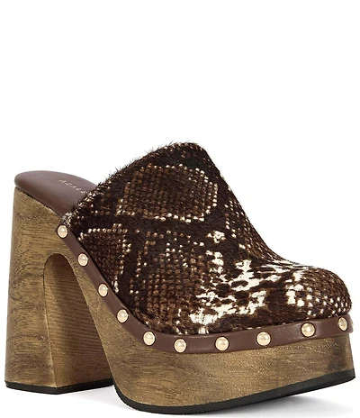 Azalea Wang Picard Snake Print Calf Hair Platform Block Heel Mules