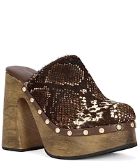 Azalea Wang Picard Snake Print Calf Hair Platform Block Heel Mules
