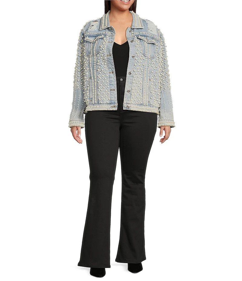 Azalea Wang Plus Size Alara Pearl Embellished Collared Cropped Denim Jacket