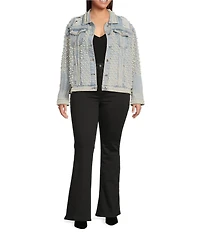 Azalea Wang Plus Size Alara Pearl Embellished Collared Cropped Denim Jacket