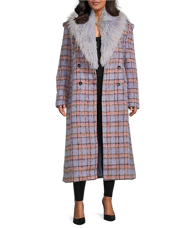 Azalea Wang Plus Size Alyssa Lavender Plaid Faux Fur Shawl Collar Tailored Fit Button Front Coat