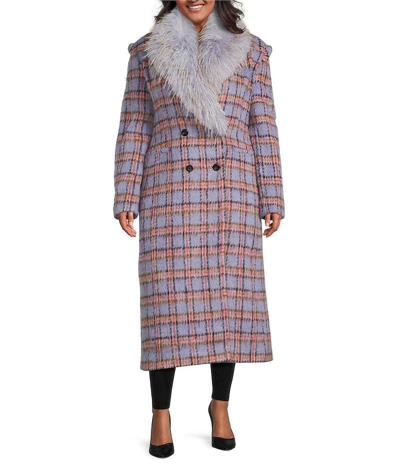 Azalea Wang Plus Size Alyssa Lavender Plaid Faux Fur Shawl Collar Tailored Fit Button Front Coat
