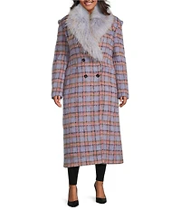Azalea Wang Plus Size Alyssa Lavender Plaid Faux Fur Shawl Collar Tailored Fit Button Front Coat