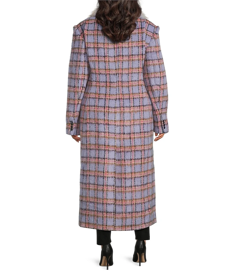Azalea Wang Plus Size Alyssa Lavender Plaid Faux Fur Shawl Collar Tailored Fit Button Front Coat