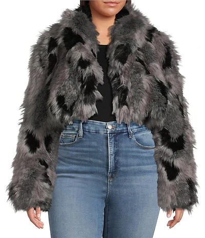 Azalea Wang Plus Size Arias Faux Fur Raccoon Print Oversize Shawl Collar Cropped Jacket