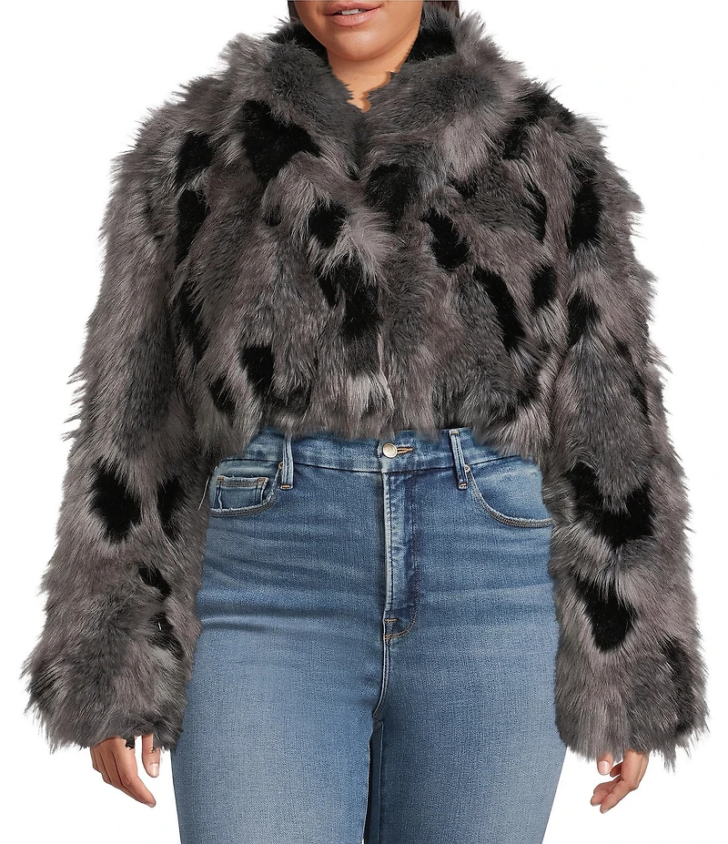 Azalea Wang Plus Size Arias Faux Fur Raccoon Print Oversize Shawl Collar Cropped Jacket