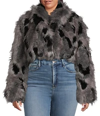 Azalea Wang Plus Size Arias Faux Fur Raccoon Print Oversize Shawl Collar Cropped Jacket