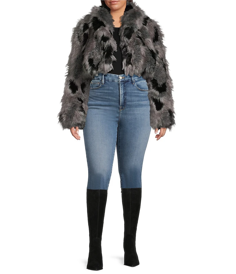 Azalea Wang Plus Size Arias Faux Fur Raccoon Print Oversize Shawl Collar Cropped Jacket