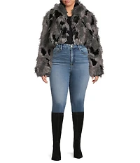 Azalea Wang Plus Size Arias Faux Fur Raccoon Print Oversize Shawl Collar Cropped Jacket