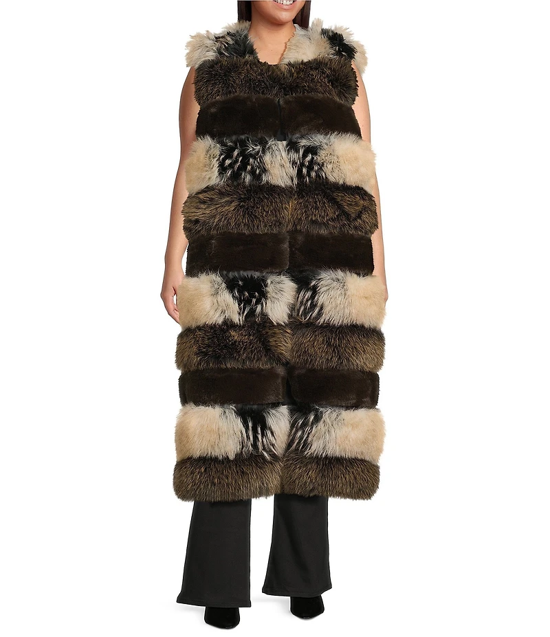 Azalea Wang Plus Size Aspen Faux Fur Brown Zigzag Multi Print Oversize Long Vest